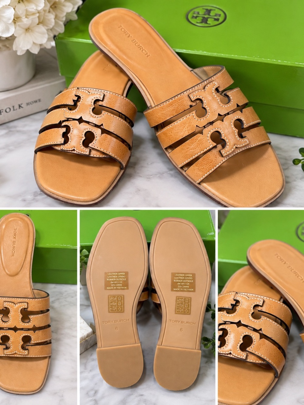 Tory Burch Tan Leather Triple-Strap Logo Slide Sandals